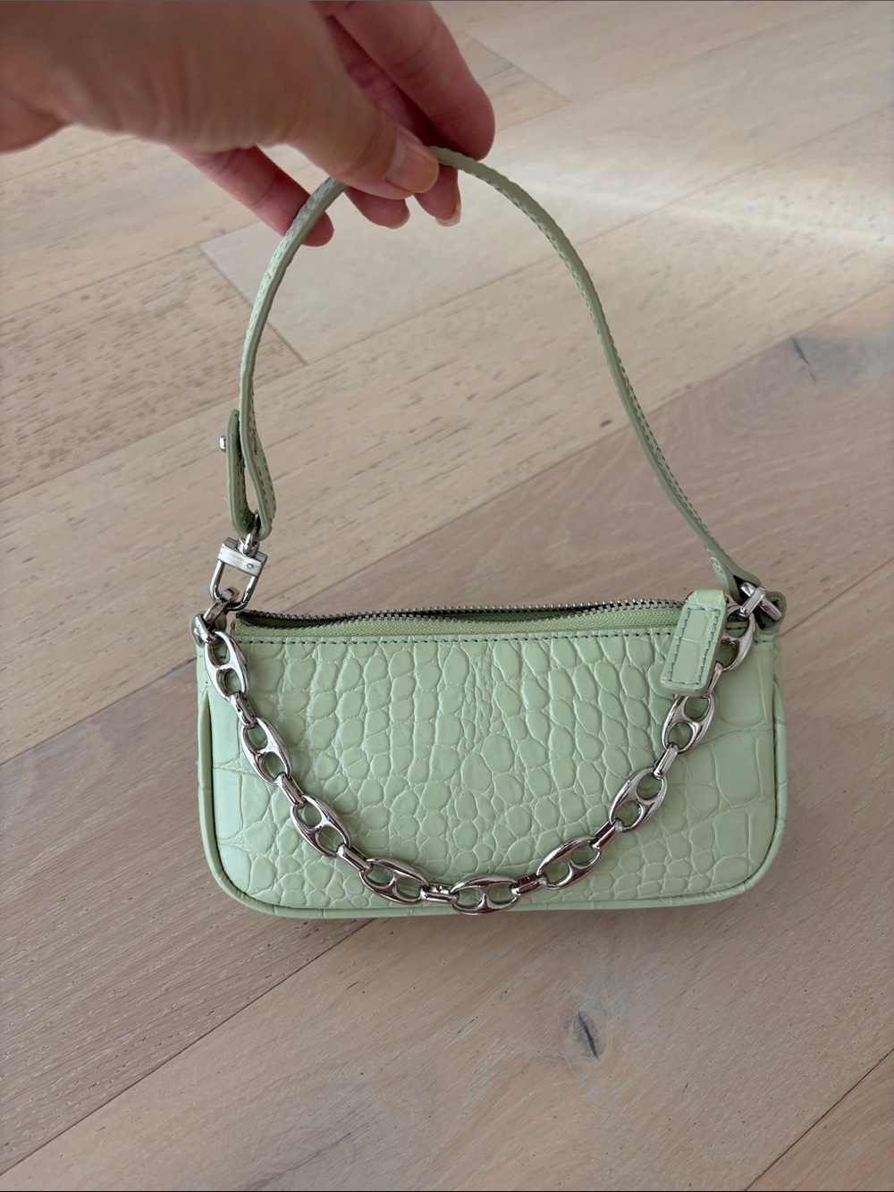 BY FAR mini Light Green Croc-Embossed bag